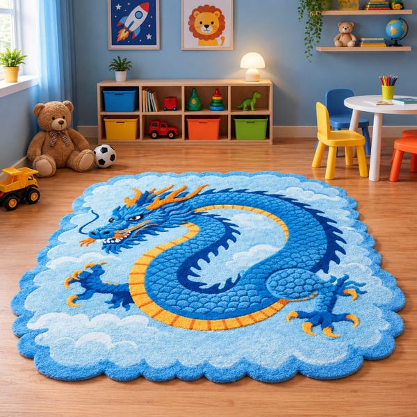 Blue Dragon Rug, Hand Tufted Dragon Area Rug, Chinese Dragon Carpet, Fantasy Cloud Rug, Custom Wool Rug, Kids Room Rug, Living Room Decor,