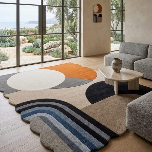 Abstract Geometric Wool Rug – Scalloped Edge, Sun & Rainbow Design, Nordic Style Floor Mat
