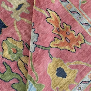 Handmade Pink Oushak Rug: Colorful Wool Turkish Floral Carpet