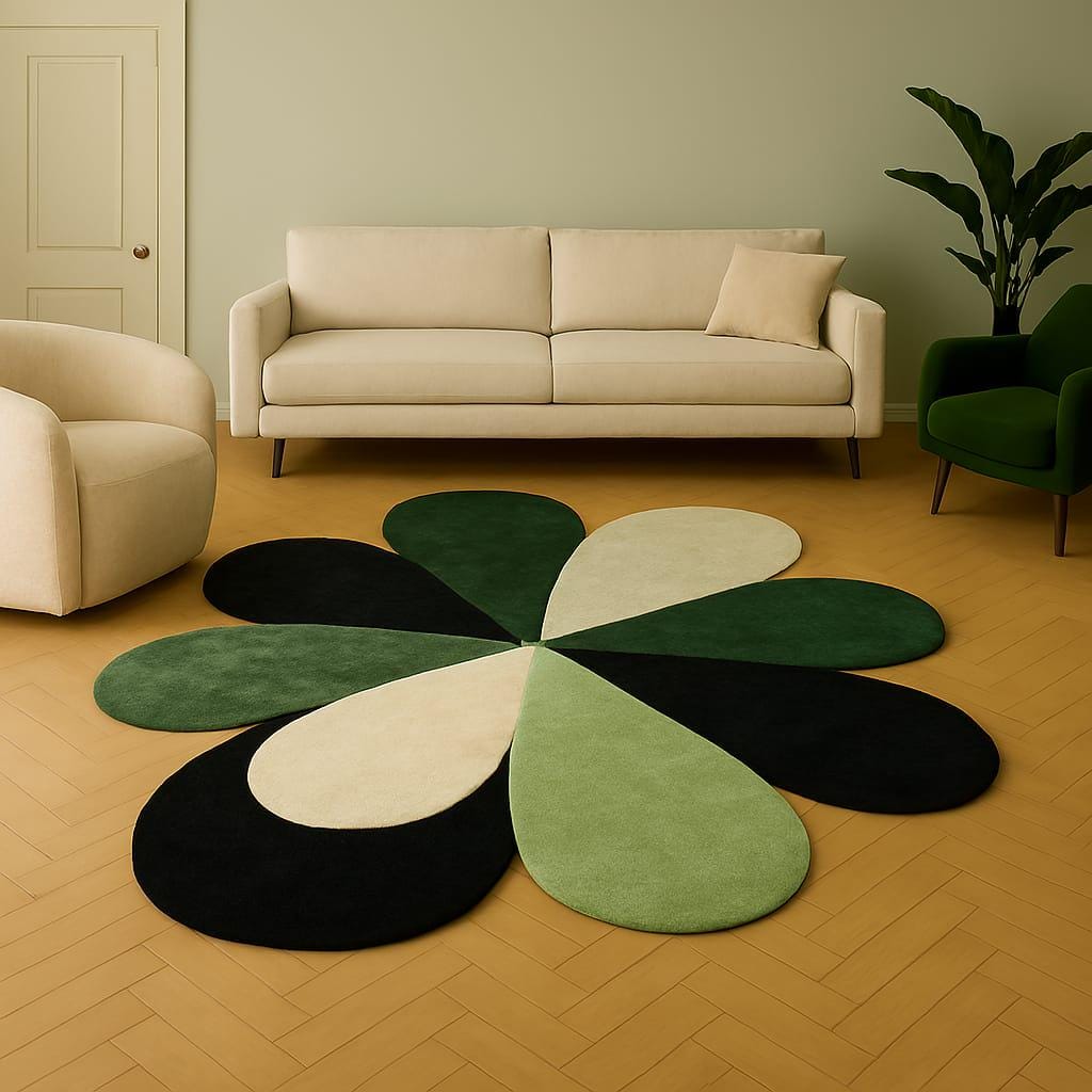 Hand-tufted Flower Rug | Green & Cream Petal Design | New Zealand Wool ...