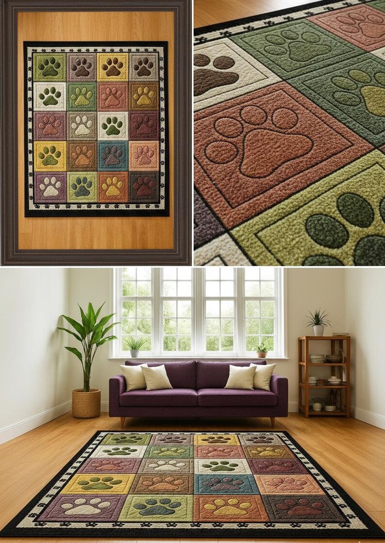 Patchwork Paw Print Area Rug, Hand Tufted New Zealand Wool, Playful Pet ...