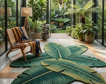 May include: A large, shaped area rug designed to resemble a cluster of overlapping tropical palm leaves in shades of deep forest green and lime green, featuring detailed textured veins throughout the surface of the leaf-shaped floor covering.