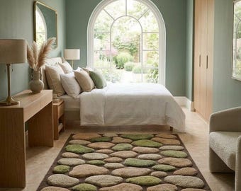 3D Pebble Stone Rug, Moss Green Earth Tone Shag Carpet, Realistic River Rock Rug