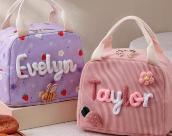 Bolsa de almuerzo infantil personalizada con nombre, bolsa térmica de pana para el almuerzo de los niños, bolsa personalizada para la merienda escolar de los niños pequeños, lonchera reutilizable para niños