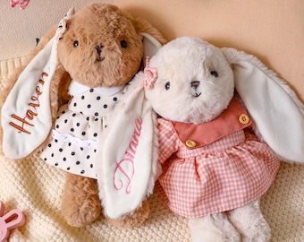 Gepersonaliseerde pluche konijntje, knuffeldier kinderdagverblijf, aandenken kinderkamer, kerstcadeau meisjes