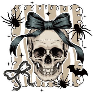 May include: A detailed illustration of a skull adorned with a dark teal bow. The skull is surrounded by black spiders, a bat, and a decorative frame with stars. The background features vertical beige and white stripes.