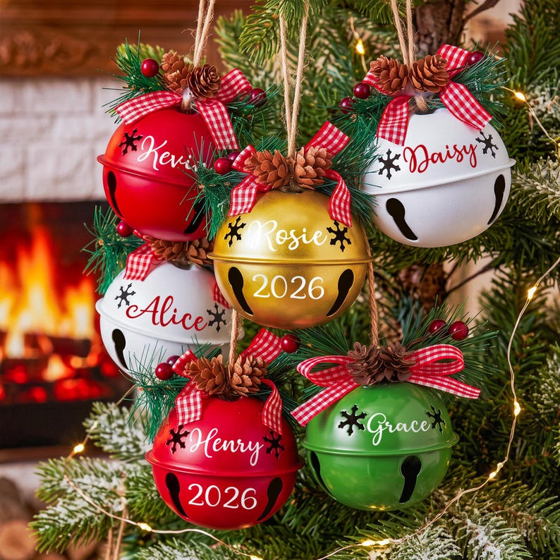Puede incluir: Un conjunto de cinco adornos navide&ntilde;os de metal en forma de cascabel redondo en colores rojo, blanco, dorado y verde. Cada uno lleva un nombre personalizado, algunos incluyen el a&ntilde;o 2026 y est&aacute;n decorados con pi&ntilde;as y lazos de cuadros rojos.