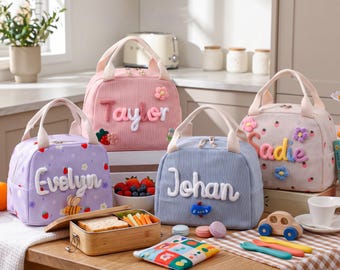 Personalized Kids Corduroy Lunch Bag, Custom Name Crochet Lunch Bag, Back to School Toddler, Kids Picnic Bag