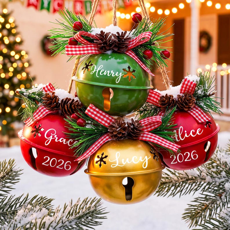 Adornos navideños personalizados de 2026 con forma de campana, cascabeles navideños, adornos navideños personalizados con forma de piña, decoración navideña, regalos de Navidad. imagen 1