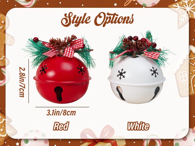 Puede incluir: Dos cascabeles redondos de metal, uno rojo y otro blanco, decorados con agujas de pino verdes, una peque&ntilde;a pi&ntilde;a y una cinta de cuadros rojos y blancos. Los cascabeles tienen recortes de copos de nieve y miden 7 cm por 8 cm.