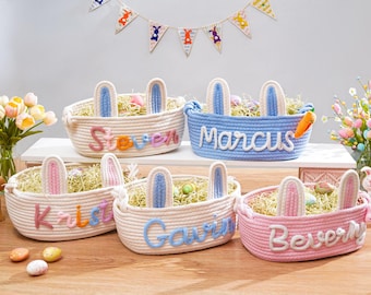 Canasta de Pascua personalizada, canasta de Pascua de cuerda de algodón personalizada, regalo de Pascua con nombre, canasta de búsqueda de huevos de Pascua, canasta de primera búsqueda de huevos de Pascua,
