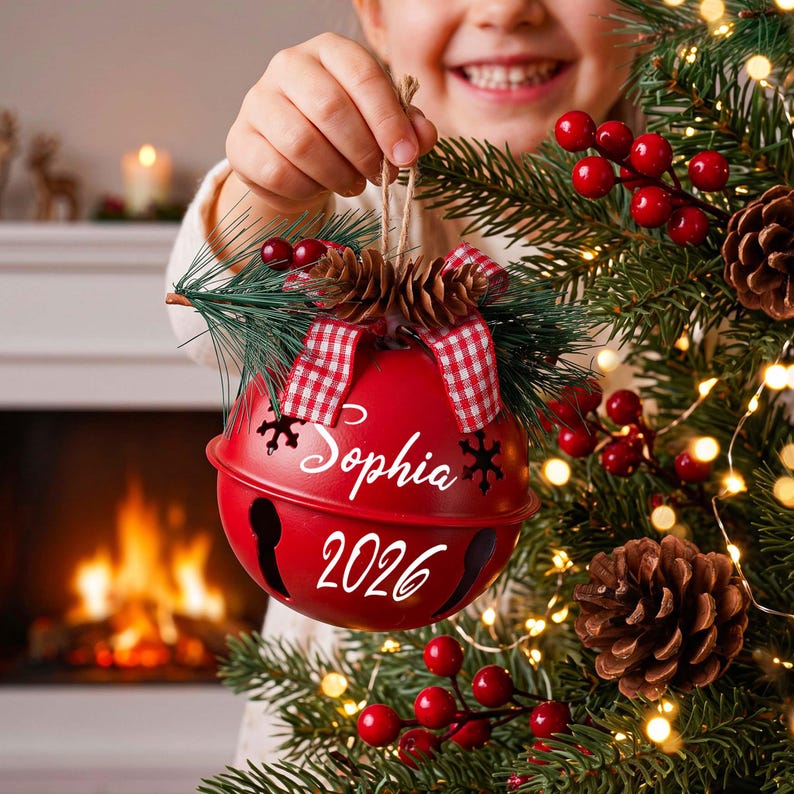 Puede incluir: Un adorno navide&ntilde;o de metal rojo en forma de cascabel con el texto blanco Sophia y 2026. El adorno est&aacute; decorado con una cinta de cuadros rojos y blancos, peque&ntilde;as pi&ntilde;as y agujas de pino verdes, colgado de un cordel r&uacute;stico.