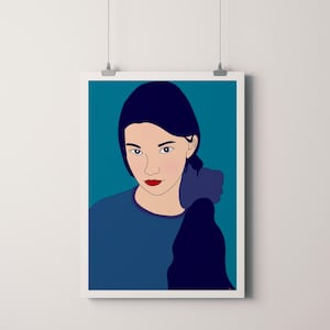 Bold Blue Woman Portrait – Printable Wall Art, Digital Download, Minimalist Female Illustration
