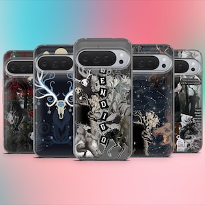 May include: A collection of five phone cases with unique dark art designs. Each case features a different illustration, including a wolf, deer skull, and a design with the word "WENDIGO". The cases have a clear border and a gradient background.