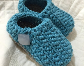 Crochet Baby Booties Teal and Gray Loafers with Vintage Button Quiltsy Handmade