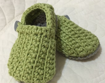 Crochet Baby Booties Green and Gray Loafers with Vintage Button Quiltsy Handmade