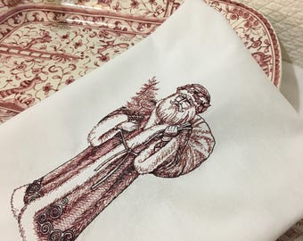 Embroidered and Hemstitched Tea Towel Flour Sack Victorian Father Christmas Toile Quiltsy Handmade