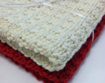Hand Knit Cotton Wash Cloths in Red and Natural Quiltsy Handmade