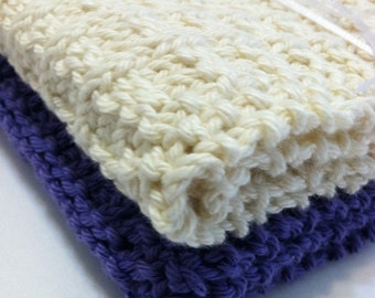 Hand Knit Cotton Wash Cloths-French Lavender and Natural Quiltsy Handmade