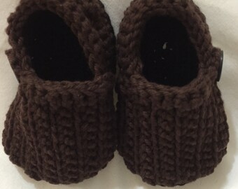 Crochet Baby Booties 0-6 Months Brown Black Loafers with Button Quiltsy Handmade