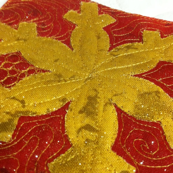 Holiday Fabric Postcard-Gold Snowflake on Red Quiltsy Handmade