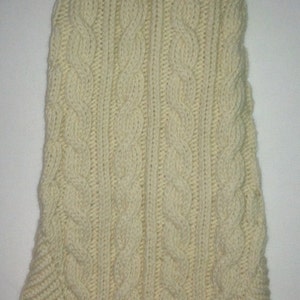 Könnte beinhalten: Cremefarbener Hundepullover aus Strick. Der Pullover hat einen gerippten Kragen und Saum mit einem Mittelteil aus komplizierten Zopfmustern. Das Design ist ein gemütliches, warmes Kleidungsstück für Haustiere.