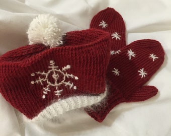 Knitted Set Child Hat and Mitten Winter Wonderland Snowflake Red and White Quiltsy Handmade