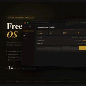 Può includere: Un modello di dashboard HTML a tema scuro con il testo "Free OS". L'interfaccia mostra dati finanziari, inclusi ricavi e progetti attivi. Include un tracker clienti, un gestore di fatture e una bacheca attività. Il design enfatizza la funzionalità offline.