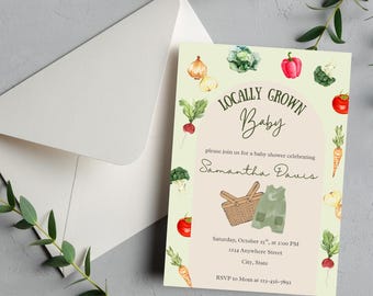 Lokal gewachsene Babypartyeinladung | Farmers Markt Babyparty einladen | Rustikale Garten-Babyparty | Bearbeitbarer digitaler Download