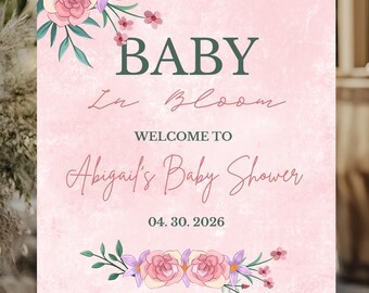 Baby In Bloom Baby Shower Welcome Sign | Floral Baby Shower Poster | Pink Girl Baby Shower Decoration | Printable 16x20 Digital Download
