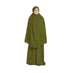 May include: An olive green prayer outfit, including a head covering and a long skirt. The outfit has a simple design with a scalloped edge on the head covering and skirt. The fabric appears to be lightweight and suitable for modest wear.