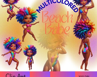 Multicolored Chibi Beach Girl, Black Beach Babe, Fun Summer Designs, 300 DPI TRANSPARENT