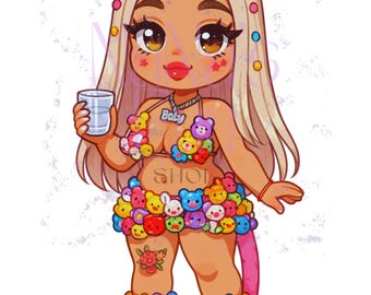 Playful Chibi w/ Teddy Bear 300 DPI Digital Download Print, Transparent Background