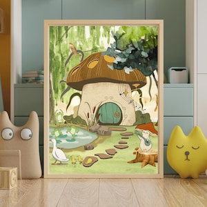 Decorazione murale con animali del bosco stravaganti / Casa a forma di fungo stampabile / Decorazione per cameretta con rane e anatroccoli / Download digitale di una foresta da favola