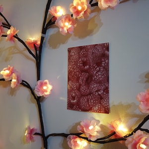 May include: A wall-mounted art piece featuring a close-up of raspberries is illuminated by a string of pink flower lights. The lights are attached to black branches, creating a decorative and warm ambiance.