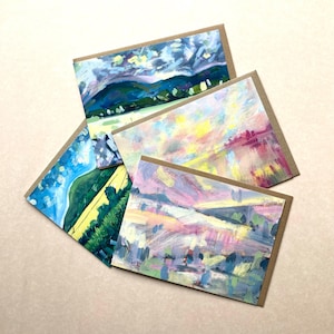 Lot de 4 cartes de voeux colorées, 19 x 15 cm, peintures de paysages contemporaines, intérieur vierge, verset biblique au dos, carte de foi
