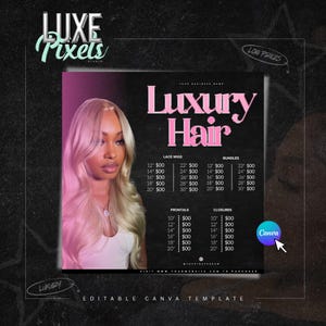 Puede incluir: Gráfico promocional para "Luxury Hair" con una mujer de pelo largo y rubio claro. El texto incluye precios de pelucas de encaje, paquetes, frontales y cierres. El diseño es una plantilla para Canva.