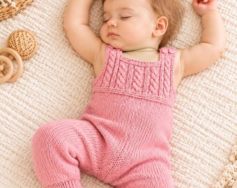 Baby Romper Knitting Pattern PDF, Cable Yoke Overalls, Toddler Jumpsuit, Cotton Playsuit, 6-24 Months