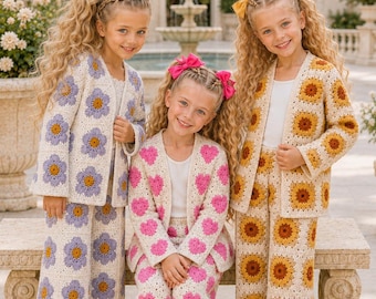 Crochet Pattern Bundle, Granny Square Girls Cardigan Wide Leg Pants, Heart Sunflower Floral PDF