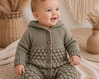 Patrón de Mono Bebé con Capucha y Punto Bobble | PDF Digital | 0–6 Meses