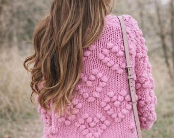 Oversized Bobble Heart Sweater Knitting Pattern Chunky Knit Jumper Women Kids PDF