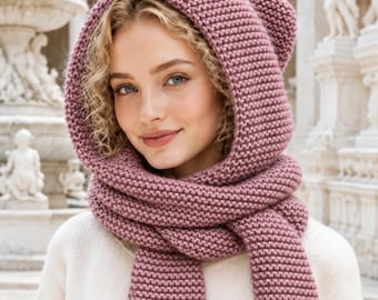 Hooded Scarf Pattern, Garter Stitch Beginner Knit PDF