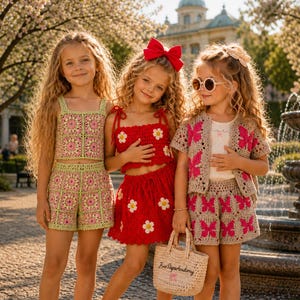 Può includere: Tre ragazze con completi all'uncinetto. Una indossa un top e pantaloncini verdi e rosa. Un'altra ha un top e una gonna rossi con dettagli floreali bianchi. La terza indossa un completo beige con dettagli a farfalla rosa. Una ragazza porta una piccola borsa di paglia.