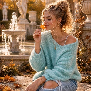 Mint Mohair Sweater Knitting Pattern PDF, Off Shoulder Knit Jumper