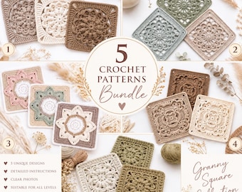 5 Granny Square Crochet Patterns Bundle, Floral Motif Afghan Blocks, Boho Blanket Squares