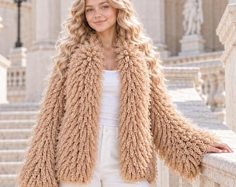 Crochet Coat Pattern, Faux Fur Fringe Cardigan PDF, One Size S-M