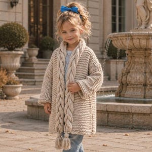 Strickmuster für eine Kinder-Strickjacke, kraus rechts gestrickter Pullover mit Quasten