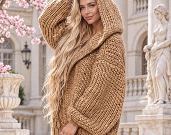 Crochet Cardigan Pattern, Oversized Hooded Sweater with Linked Stitch PDF