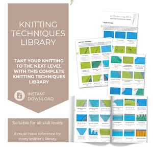Op de afbeelding: Een digitale bibliotheek met breitechnieken met de tekst "KNITTING TECHNIQUES LIBRARY". De afbeelding toont pagina's met breipatronen in blauw en groen. Bevat een bloemstuk en een lijntekening van garen en een hart.
