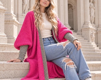 Wrap Cardigan Knitting Pattern, Oversized Bouclé Duster PDF for Beginners